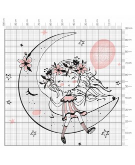 Naklejka na ścianę dla dzieci dziewczynka na księżycu z balonem i kwiatami naklejka dla dziewczynki