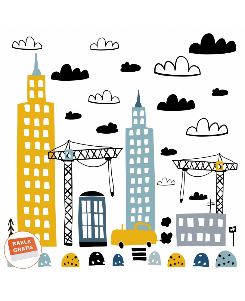 Naklejka na ścianę dla dzieci miasto budowa samochód dźwig chmurki naklejki dla chłopca studiograf