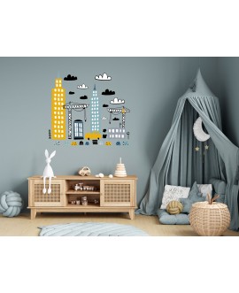 Naklejka na ścianę dla dzieci miasto budowa samochód dźwig chmurki naklejki dla chłopca studiograf