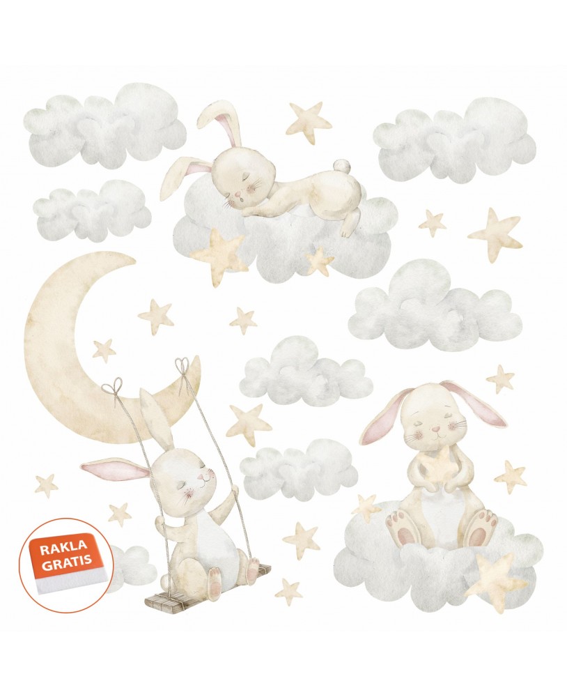 Naklejka na ścianę dla dzieci króliczki w chmurach gwiazdki księżyc śpiące zwierzątka studiograf