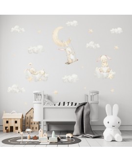 Naklejka na ścianę dla dzieci króliczki w chmurach gwiazdki księżyc śpiące zwierzątka studiograf