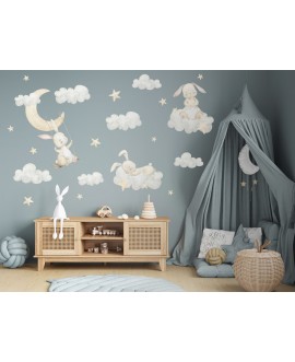 Naklejka na ścianę dla dzieci króliczki w chmurach gwiazdki księżyc śpiące zwierzątka studiograf