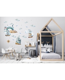 Naklejka na ścianę dla dzieci latarnia morska statki morskie klimaty pokój chłopca