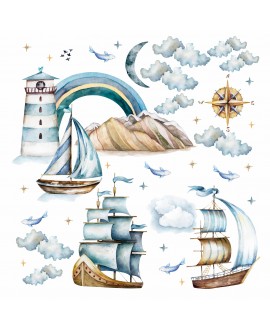 Naklejka na ścianę dla dzieci latarnia morska statki morskie klimaty pokój chłopca