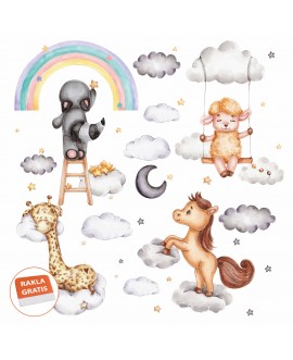 Naklejka na ścianę dla dzieci zwierzątka w chmurki żyrafa koń owca i szop huśtawka studiograf