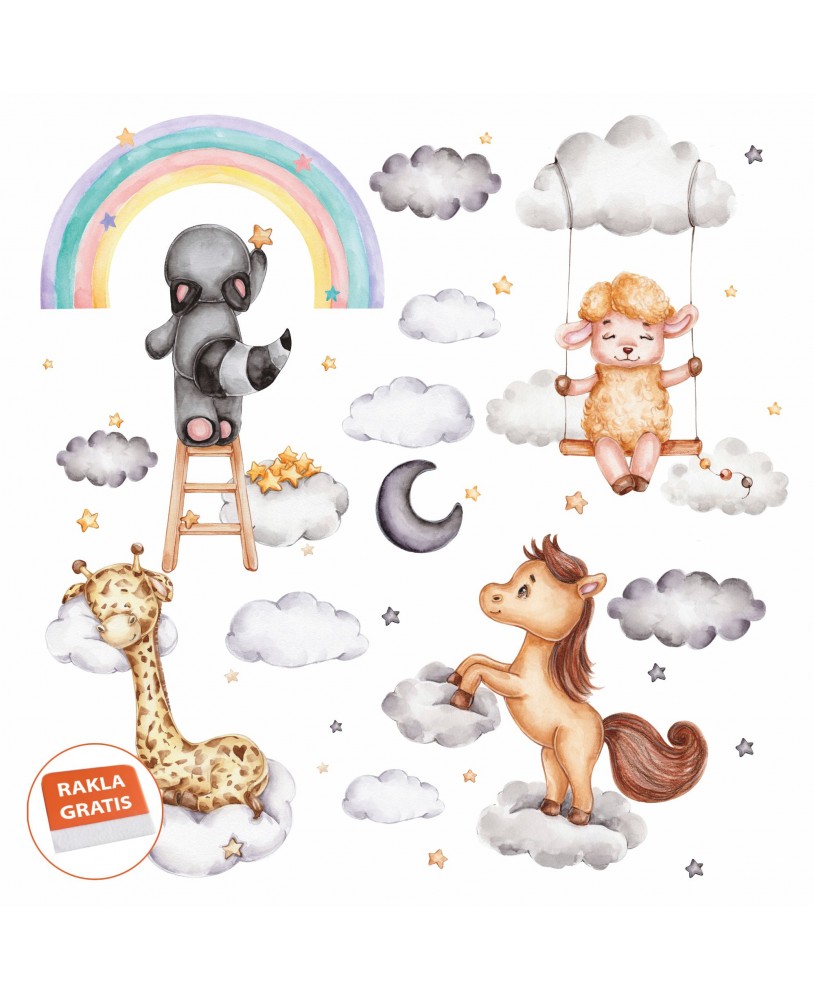 Naklejka na ścianę dla dzieci zwierzątka w chmurki żyrafa koń owca i szop huśtawka studiograf