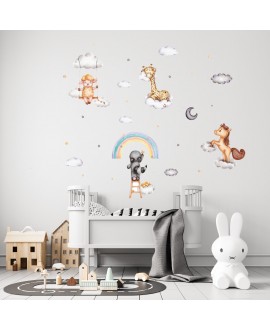 Naklejka na ścianę dla dzieci zwierzątka w chmurki żyrafa koń owca i szop huśtawka studiograf