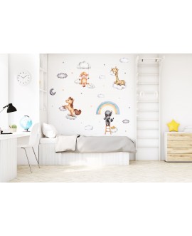 Naklejka na ścianę dla dzieci zwierzątka w chmurki żyrafa koń owca i szop huśtawka studiograf