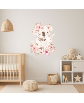 Naklejka na ścianę dla dzieci miś koala kwiaty pastelowa naklejka dla dziewczynek różyczki piwonie studiograf