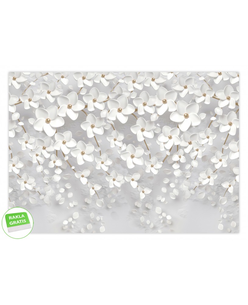 Fototapeta na wymiar białe kwiaty z imitacją złota białe kwiaty 3D fototapeta w bielach i szarościach studiograf