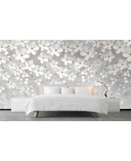 Fototapeta na wymiar białe kwiaty z imitacją złota białe kwiaty 3D fototapeta w bielach i szarościach studiograf