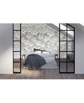 Fototapeta na wymiar białe kwiaty z imitacją złota białe kwiaty 3D fototapeta w bielach i szarościach studiograf