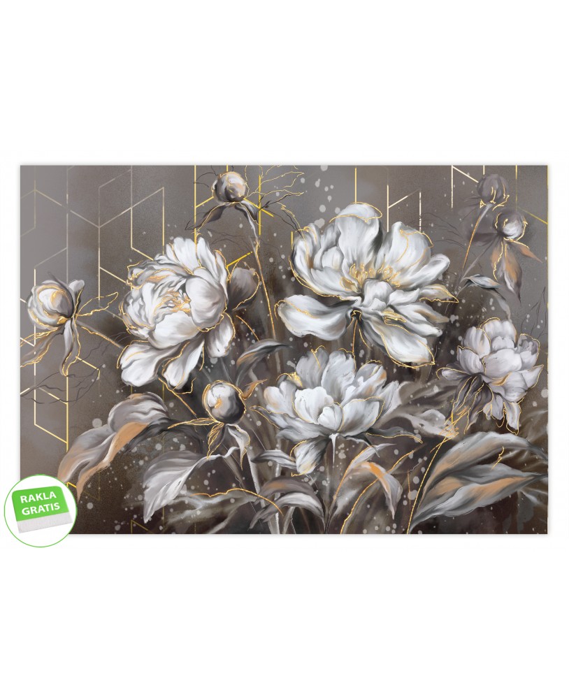 Fototapeta na wymiar z białymi kwiatami i złotymi liniami na szaro-beżowym tle, dekoracja ścienna w stylu glamour i art deco.