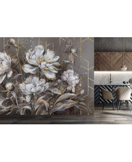 Fototapeta na wymiar z białymi kwiatami i złotymi liniami na szaro-beżowym tle, dekoracja ścienna w stylu glamour i art deco.