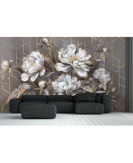 Fototapeta na wymiar z białymi kwiatami i złotymi liniami na szaro-beżowym tle, dekoracja ścienna w stylu glamour i art deco.