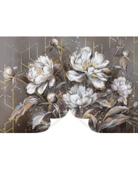 Fototapeta na wymiar z białymi kwiatami i złotymi liniami na szaro-beżowym tle, dekoracja ścienna w stylu glamour i art deco.