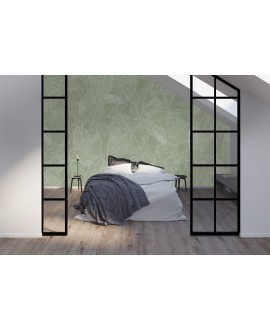 Fototapeta na wymiar z botanicznym wzorem liści w odcieniu szałwiowej zieleni, delikatna roślinna dekoracja ścienna.