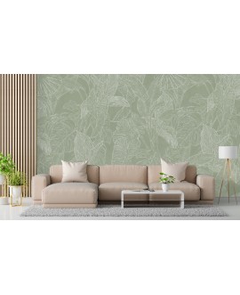 Fototapeta na wymiar z botanicznym wzorem liści w odcieniu szałwiowej zieleni, delikatna roślinna dekoracja ścienna.