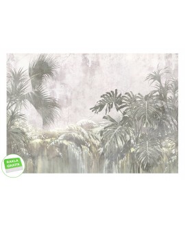 Fototapeta na wymiar z delikatnym motywem tropikalnych liści na jasnym, przecieranym tle, naturalna dekoracja ścienna studiograf