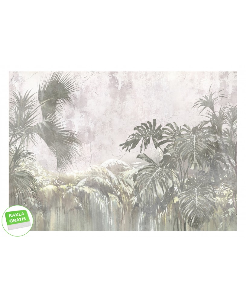 Fototapeta na wymiar z delikatnym motywem tropikalnych liści na jasnym, przecieranym tle, naturalna dekoracja ścienna studiograf