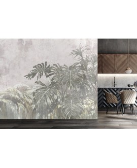 Fototapeta na wymiar z delikatnym motywem tropikalnych liści na jasnym, przecieranym tle, naturalna dekoracja ścienna studiograf
