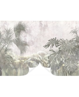 Fototapeta na wymiar z delikatnym motywem tropikalnych liści na jasnym, przecieranym tle, naturalna dekoracja ścienna studiograf