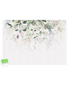 Fototapeta na wymiar z delikatnymi, akwarelowymi liśćmi w pastelowych odcieniach zieleni i beżu na jasnym tle.