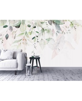 Fototapeta na wymiar z delikatnymi, akwarelowymi liśćmi w pastelowych odcieniach zieleni i beżu na jasnym tle.