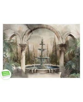 Fototapeta na wymiar przedstawiająca kamienną fontannę w arkadach otoczoną zielenią, dekoracja ścienna w stylu klasycznym.