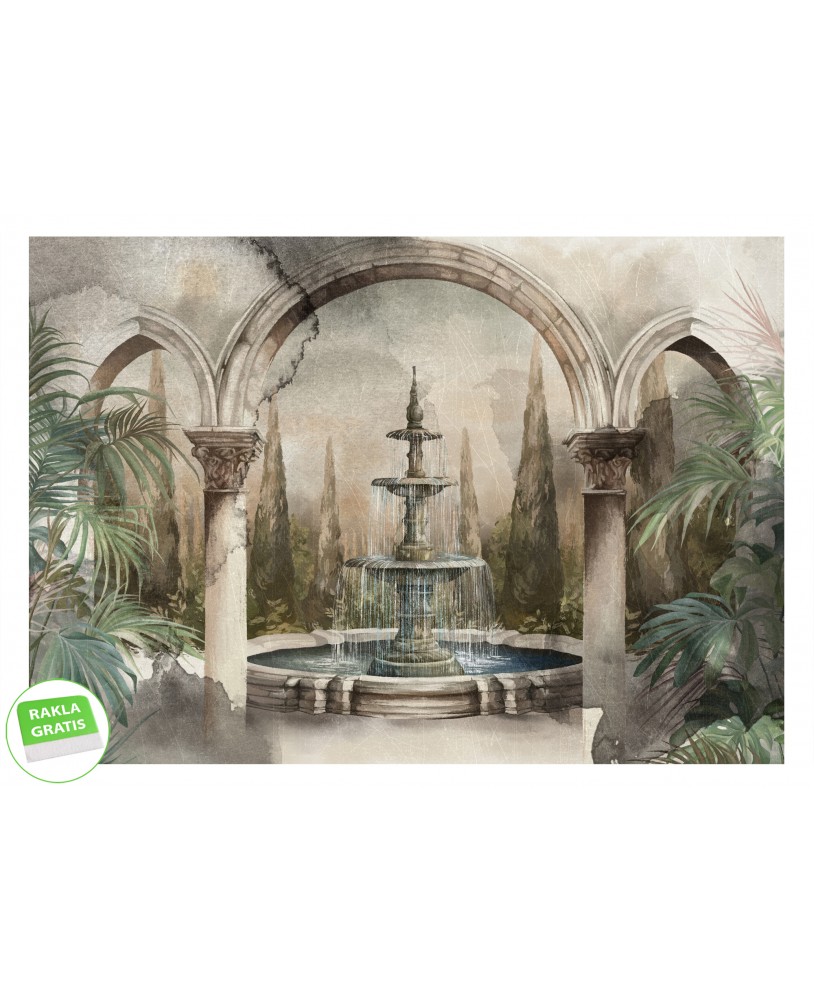 Fototapeta na wymiar przedstawiająca kamienną fontannę w arkadach otoczoną zielenią, dekoracja ścienna w stylu klasycznym.