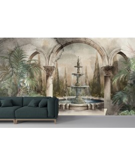 Fototapeta na wymiar przedstawiająca kamienną fontannę w arkadach otoczoną zielenią, dekoracja ścienna w stylu klasycznym.