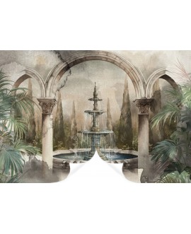 Fototapeta na wymiar przedstawiająca kamienną fontannę w arkadach otoczoną zielenią, dekoracja ścienna w stylu klasycznym.