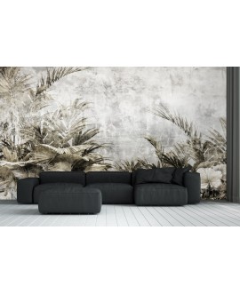 Fototapeta na wymiar z tropikalnymi liśćmi w odcieniach beżu i brązu na tle surowego betonu, botaniczna dekoracja ścienna.