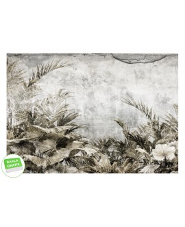 Fototapeta na wymiar z tropikalnymi liśćmi w odcieniach beżu i brązu na tle surowego betonu, botaniczna dekoracja ścienna.