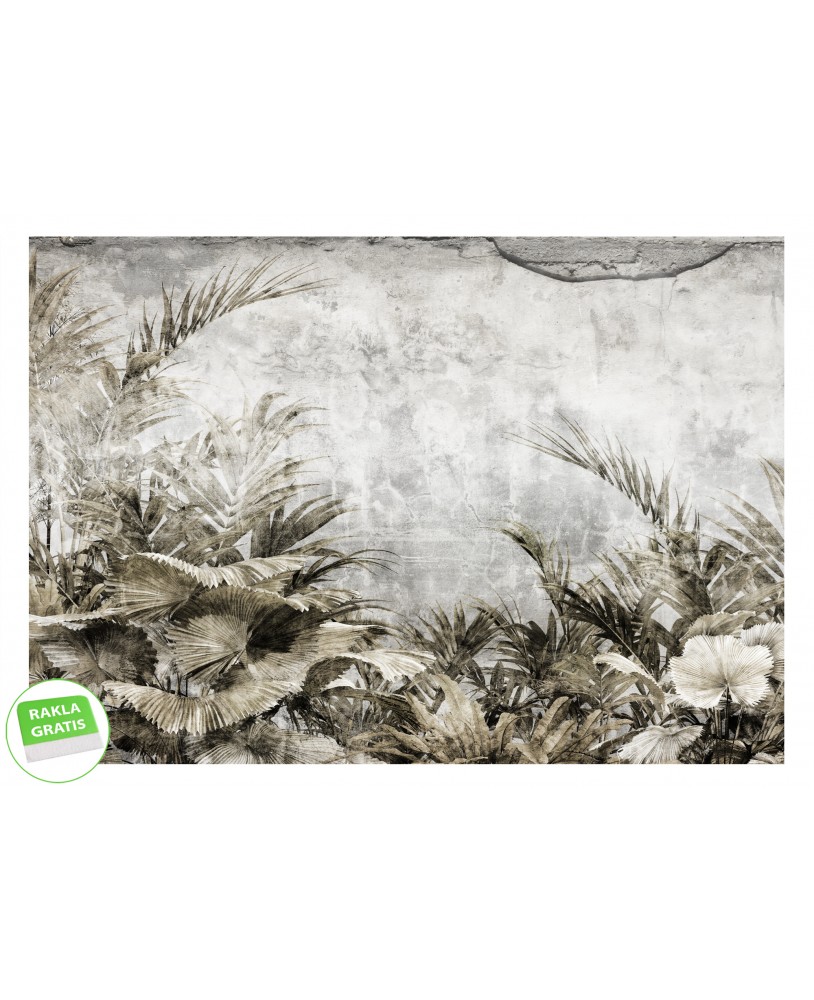 Fototapeta na wymiar z tropikalnymi liśćmi w odcieniach beżu i brązu na tle surowego betonu, botaniczna dekoracja ścienna.