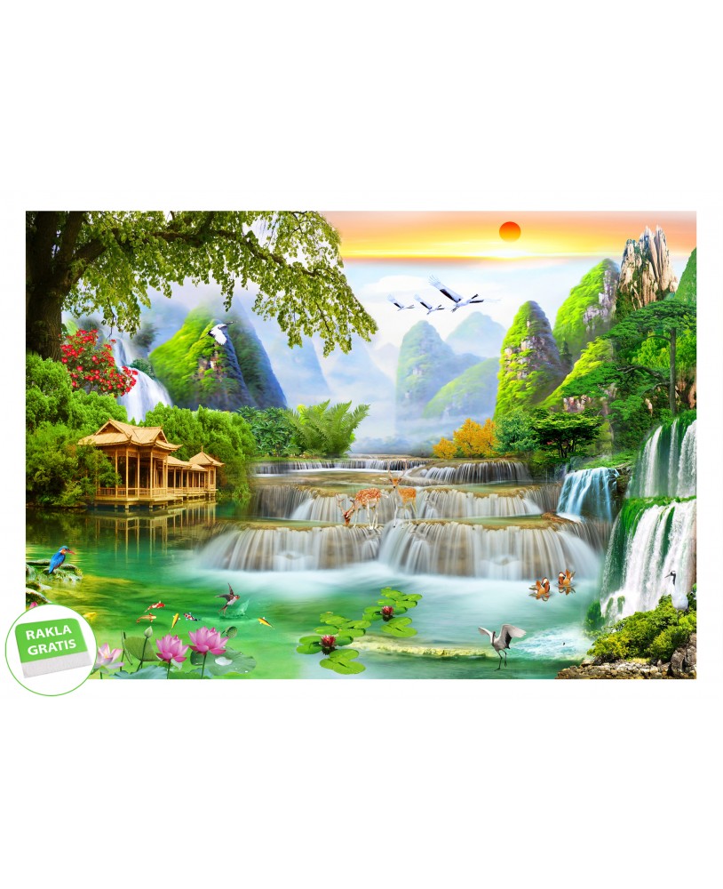 Fototapeta na wymiar przedstawiająca orientalny krajobraz z wodospadami, zielonymi górami, świątynią i dziką przyrodą.