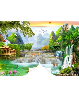 Fototapeta na wymiar przedstawiająca orientalny krajobraz z wodospadami, zielonymi górami, świątynią i dziką przyrodą.