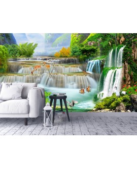 Fototapeta na wymiar przedstawiająca orientalny krajobraz z wodospadami, zielonymi górami, świątynią i dziką przyrodą.