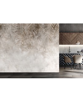 Fototapeta na wymiar z jasnym motywem palmowych liści na beżowym, strukturalnym tle, subtelna dekoracja ścienna.