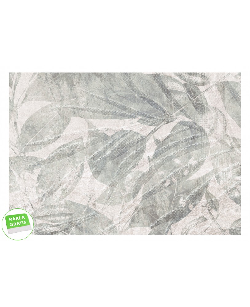 Fototapeta na wymiar z delikatnym motywem liści w jasnych odcieniach beżu i szarości, subtelna dekoracja ścienna.