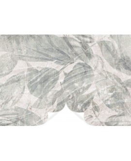 Fototapeta na wymiar z delikatnym motywem liści w jasnych odcieniach beżu i szarości, subtelna dekoracja ścienna.