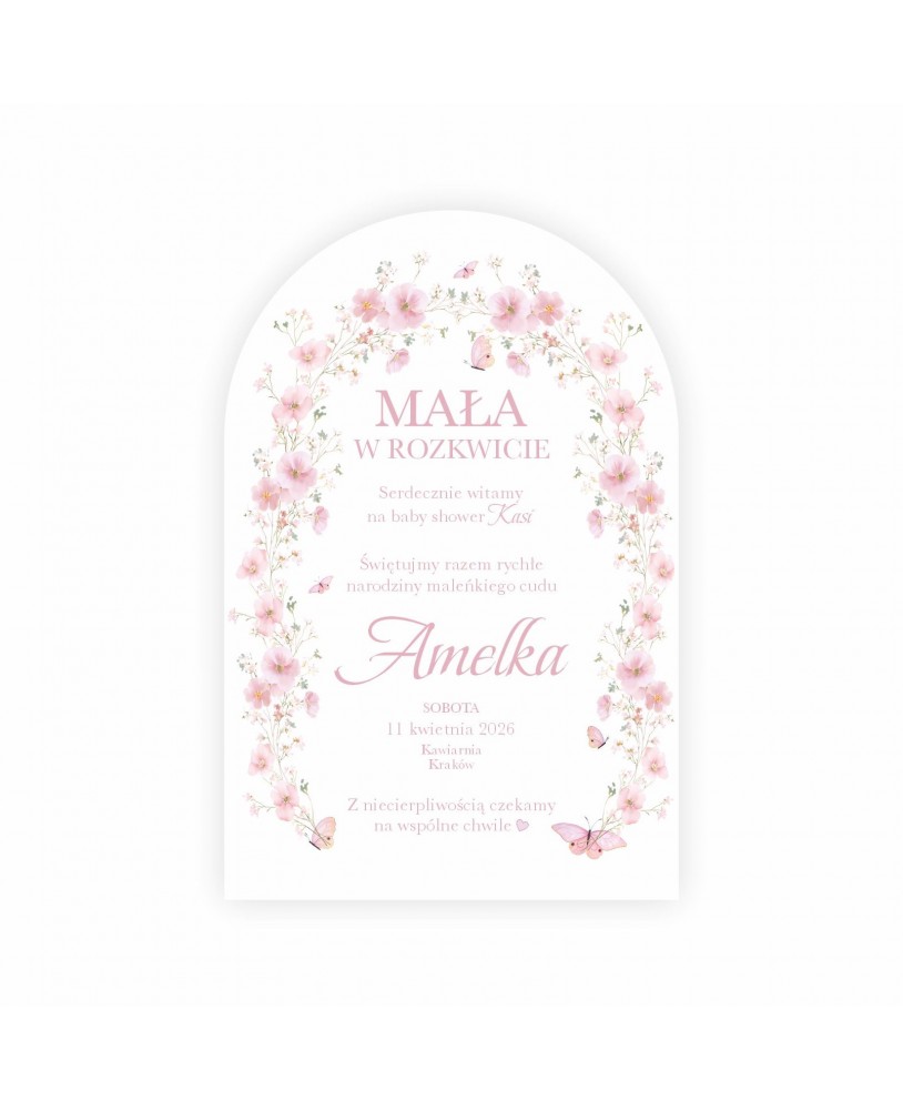 Tablica powitalna na Baby Shower z różowymi kwiatami i personalizacją imienia dziecka Wieliczka
