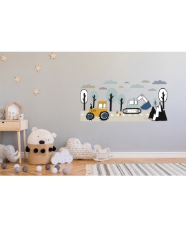 Naklejka na ścianę dla dzieci budowa maszyny koparka traktor droga drzewa chmurki studiograf