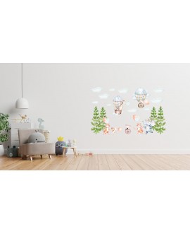 Naklejka na ścianę dla dzieci las zwierzątka drzewa żyrafa niedźwiedź lis słoń zając balony chmurki studiograf