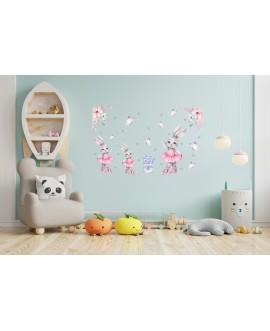 Naklejka na ścianę dla dzieci różowe króliki baleriny motyle kwiaty studiograf