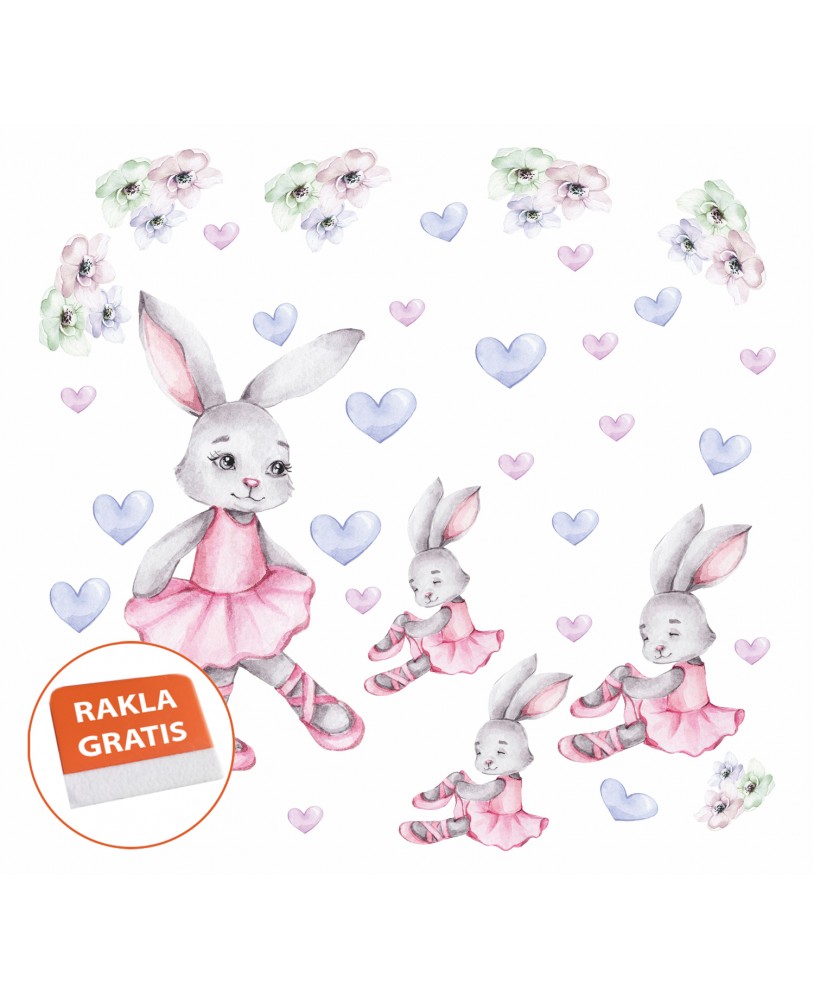 Naklejka na ścianę dla dzieci różowe króliki baleriny serduszka kwiaty studiograf
