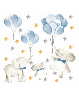 Naklejka na ścianę dla dzieci słonie niebieskie balony gwiazdki studiograf