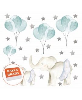 Naklejka na ścianę dla dzieci słonie niebieskie balony szare gwiazdki studiograf
