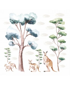 Naklejka na ścianę dla dzieci zwierzątka australia kangury drzewa chmurki studiograf