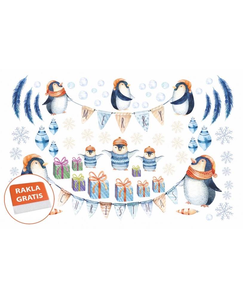 Naklejka na ścianę dla dzieci pingwinki święta prezenty bombki śnieżynki piórka studiograf